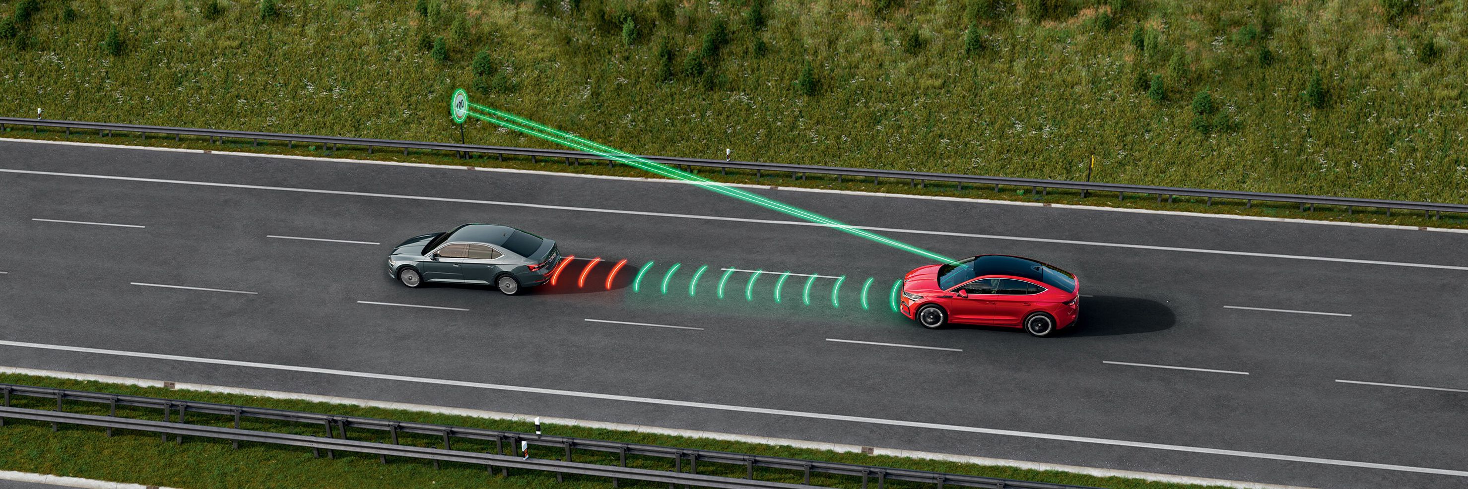 Exemplarische Abbildung der Funktionsweise der Komofrt-Assistenten im Škoda Superb